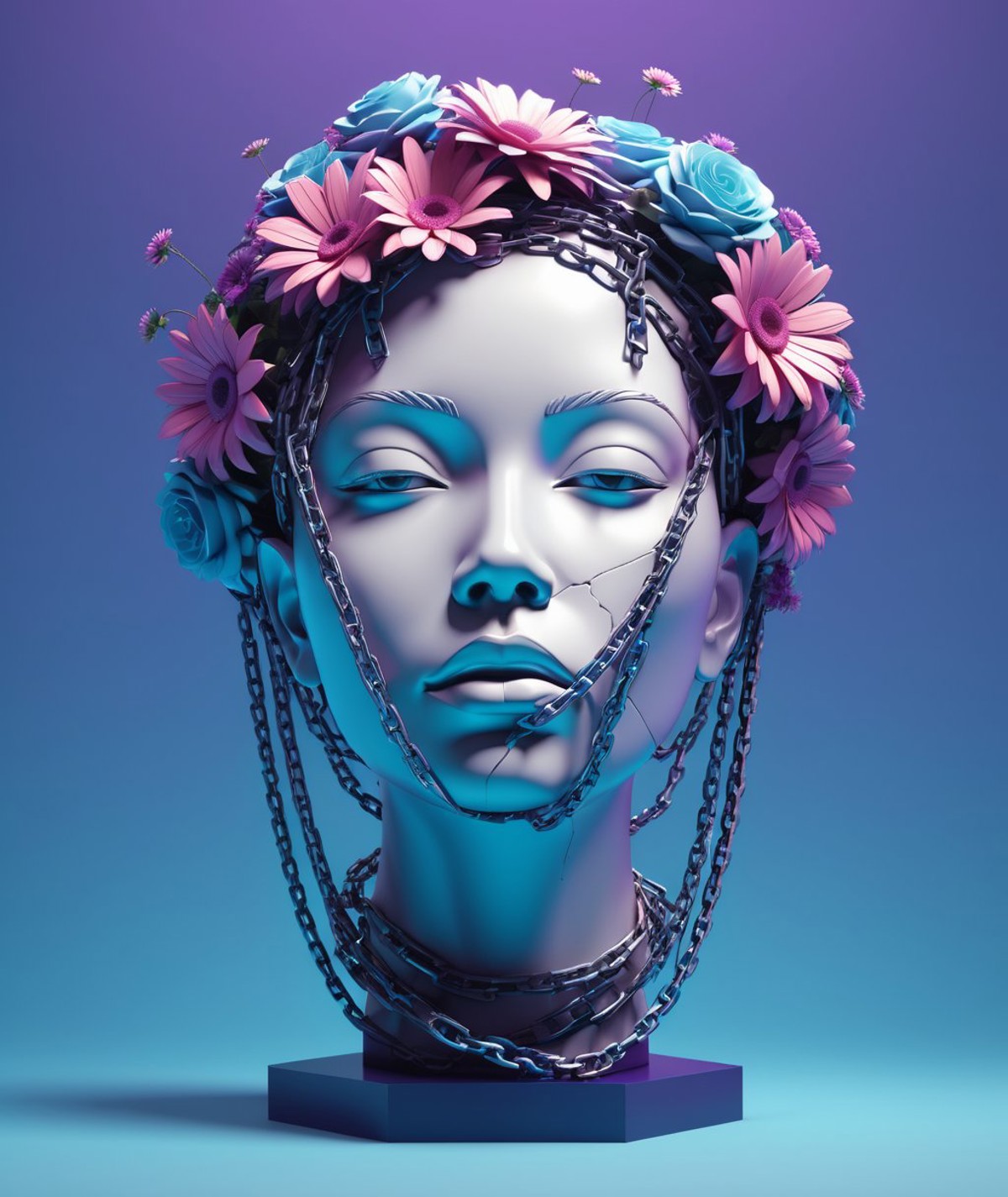 3d graphics, minimalism, pastel, graphic design, a sculpture of a head with chains and flowers around it, ((cracks)), by B...